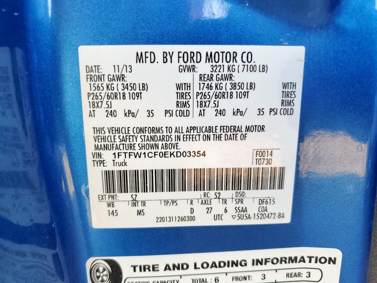 2014 Ford F150 Supercrew VIN: 1FTFW1CF0EKD03354 Lot: 92984815