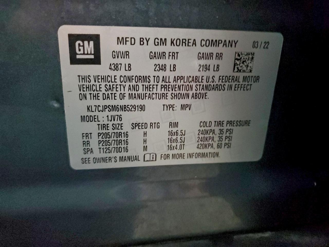 2022 Chevrolet Trax 1Lt VIN: KL7CJPSM6NB529190 Lot: 94162055