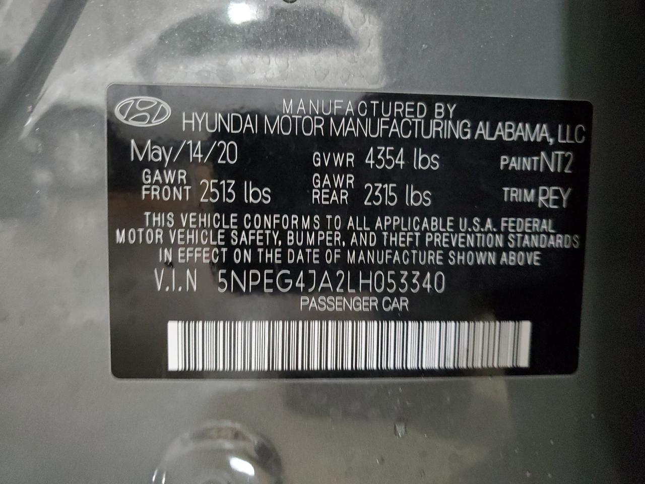 2020 Hyundai Sonata Se VIN: 5NPEG4JA2LH053340 Lot: 92054825