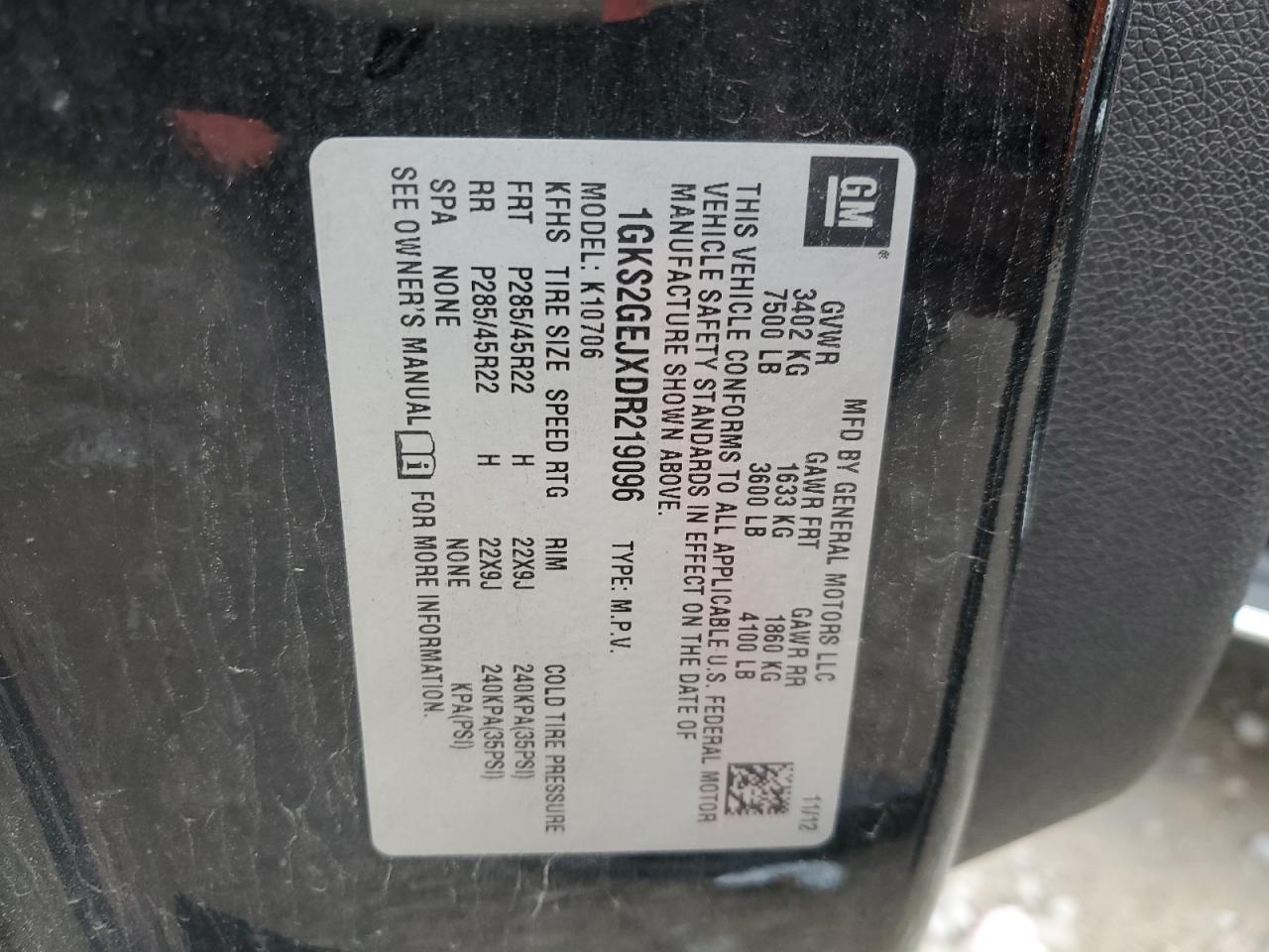 2013 GMC Yukon Denali Hybrid VIN: 1GKS2GEJXDR219096 Lot: 90879915