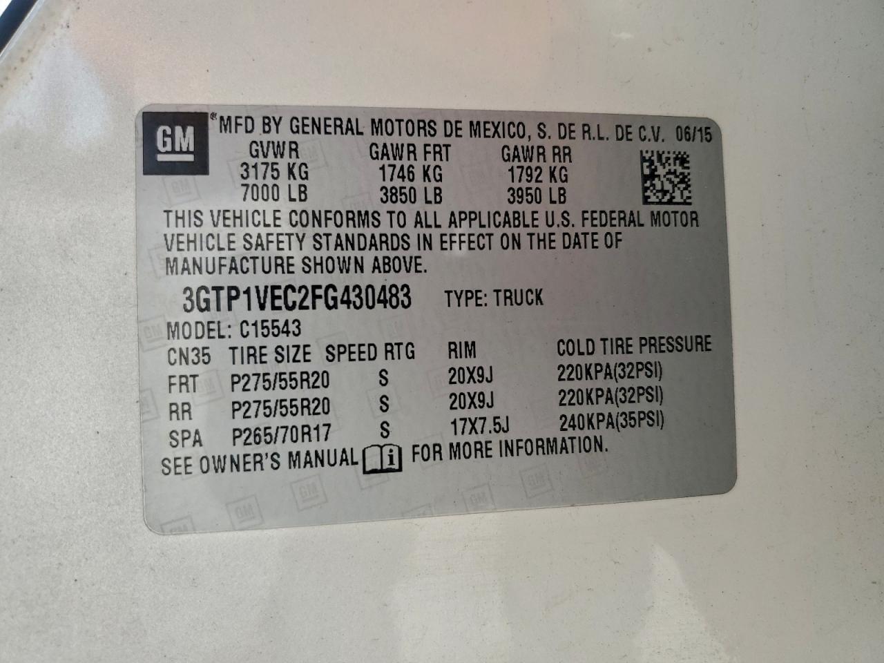 2015 GMC Sierra C1500 Slt VIN: 3GTP1VEC2FG430483 Lot: 93959445