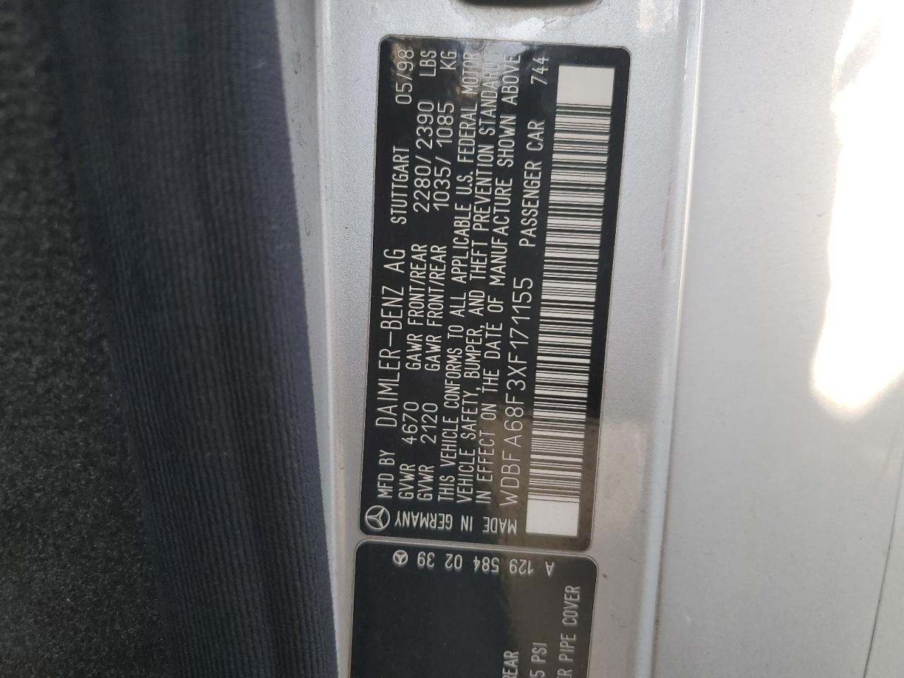 1999 Mercedes-Benz Sl 500 VIN: WDBFA68F3XF171155 Lot: 92052615