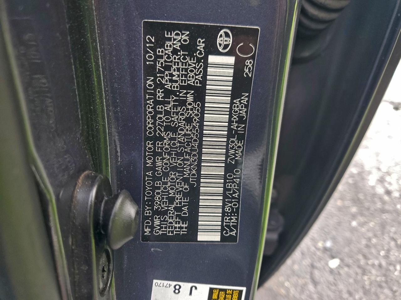 2013 Toyota Prius VIN: JTDKN3DU4D5549055 Lot: 93840075