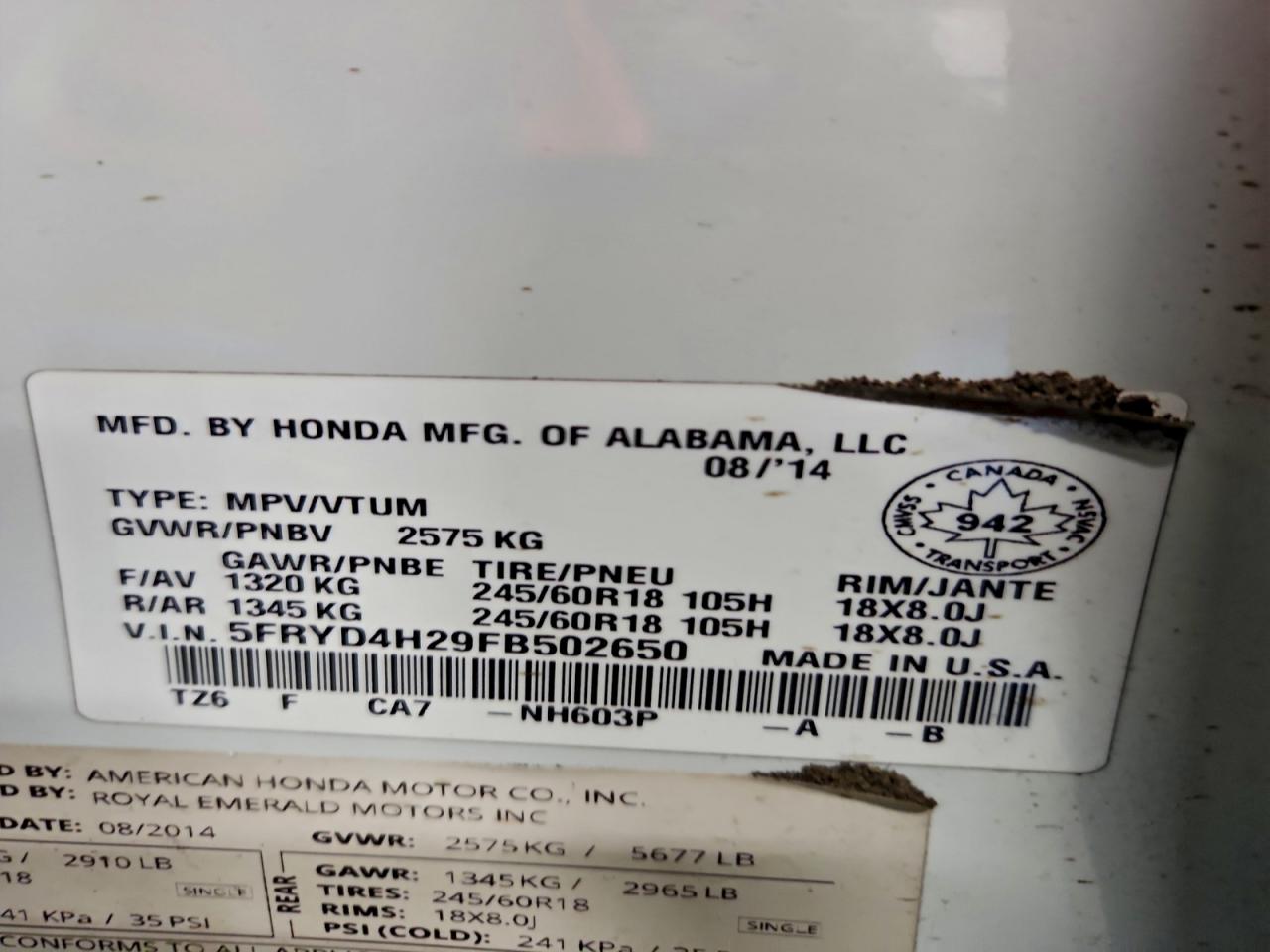 2015 Acura Mdx VIN: 5FRYD4H29FB502650 Lot: 94267175