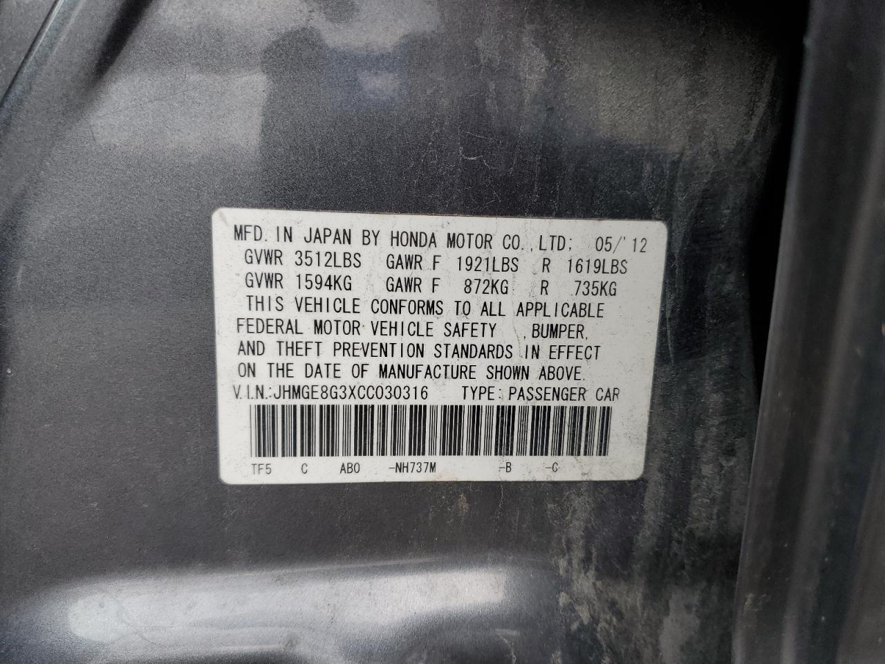 2012 Honda Fit VIN: JHMGE8G3XCC030316 Lot: 91305305