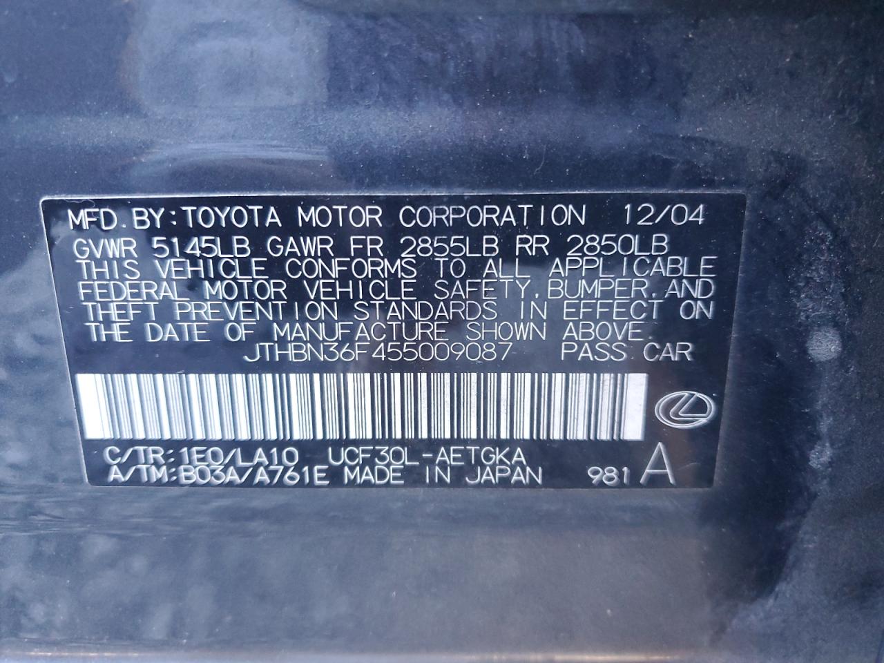 2005 Lexus Ls 430 VIN: JTHBN36F455009087 Lot: 92328185