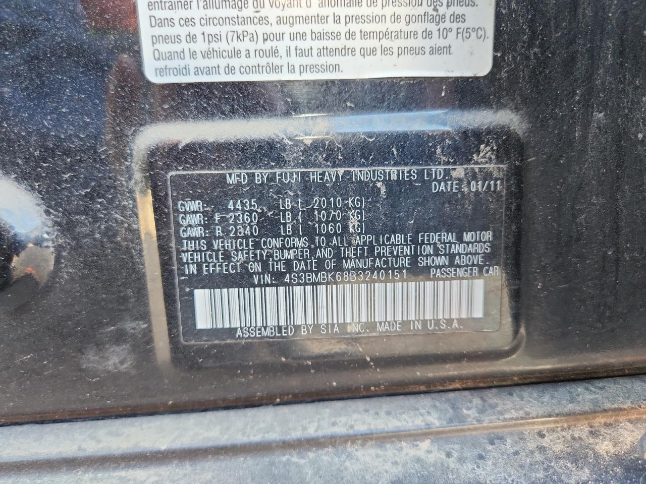 2011 Subaru Legacy 2.5I Limited VIN: 4S3BMBK68B3240151 Lot: 91430455