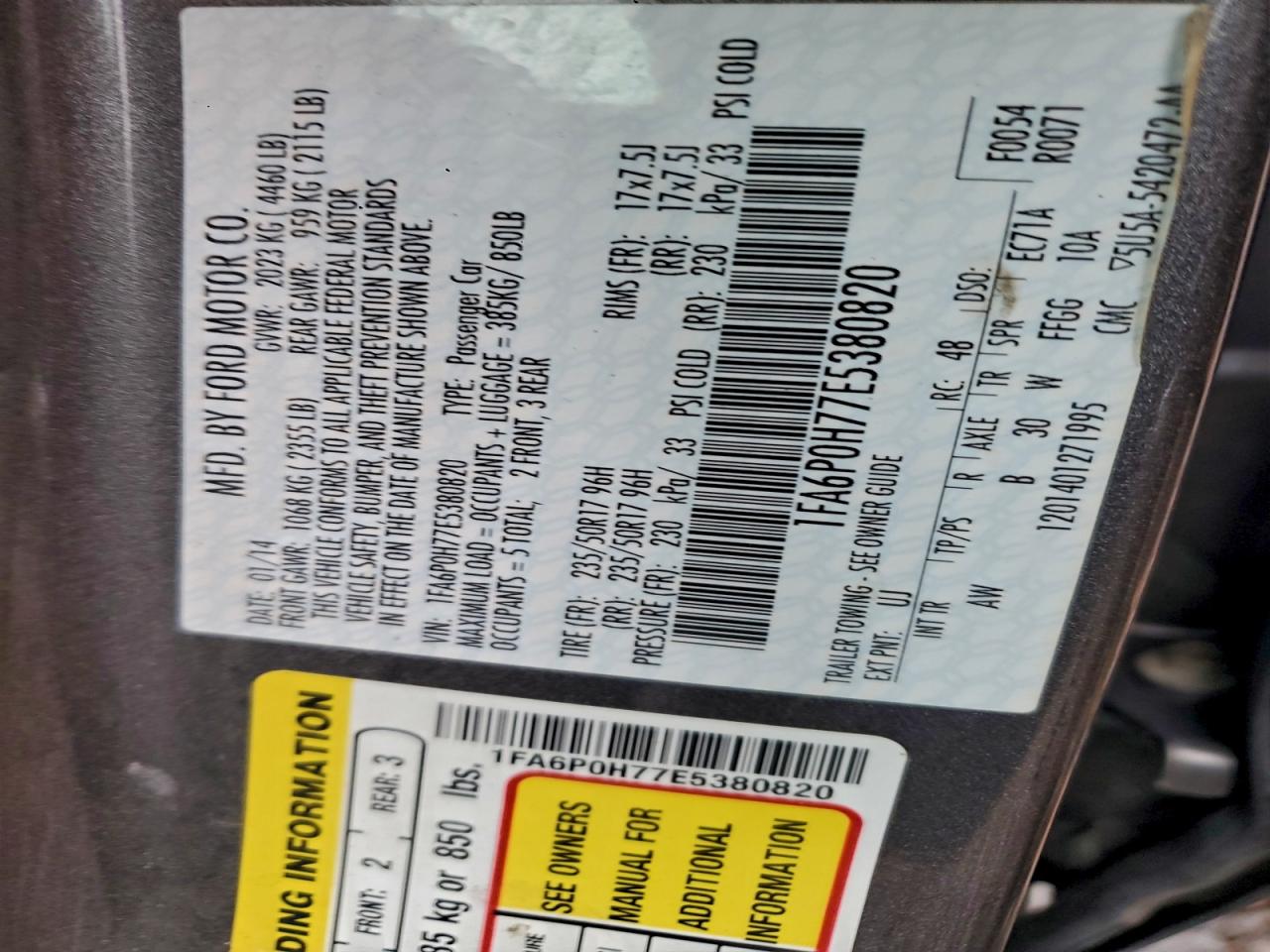 2014 Ford Fusion Se VIN: 1FA6P0H77E5380820 Lot: 94338865