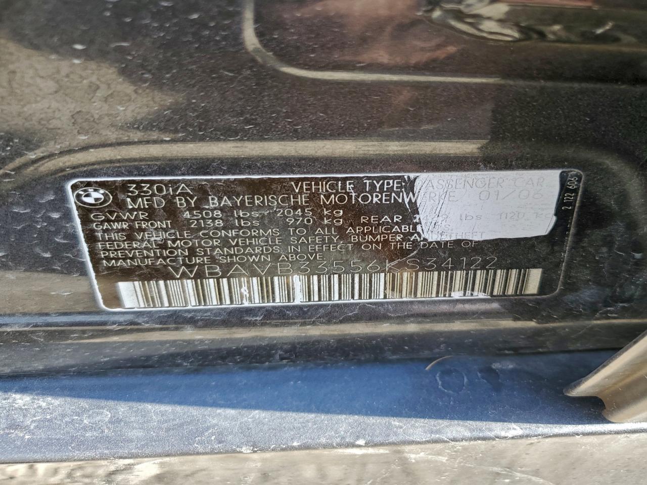 2006 BMW 330 I VIN: WBAVB33556KS34122 Lot: 92280845