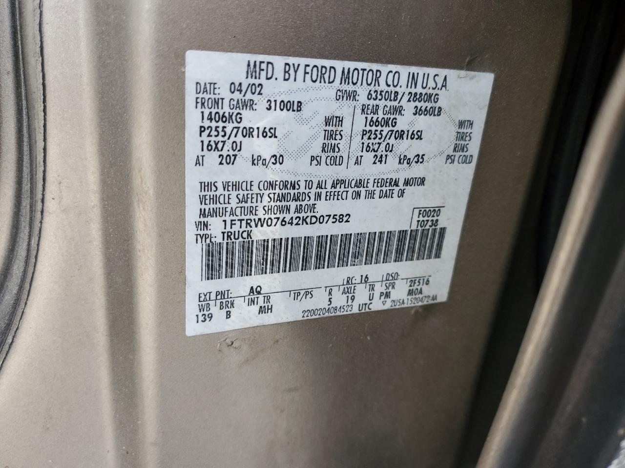 2002 Ford F150 Supercrew VIN: 1FTRW07642KD07582 Lot: 92783515