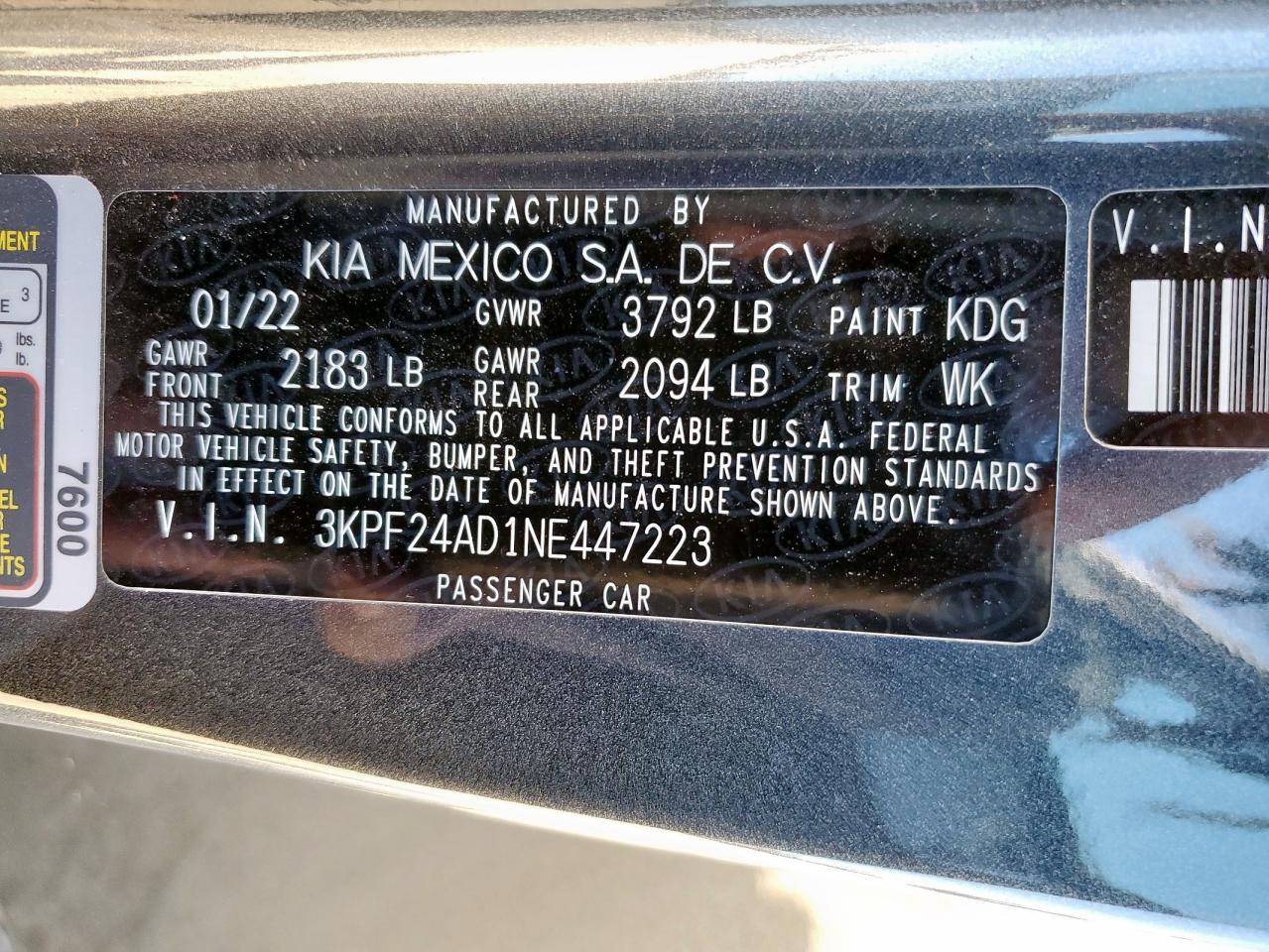 2022 Kia Forte Fe VIN: 3KPF24AD1NE447223 Lot: 91598155