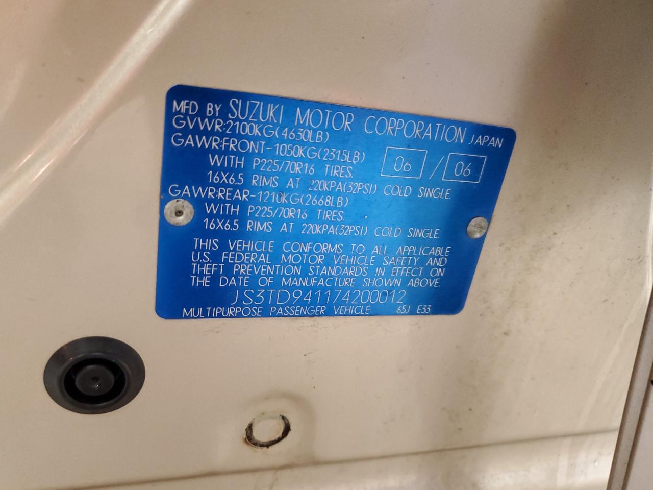 2007 Suzuki Grand Vitara VIN: JS3TD941174200012 Lot: 92198605