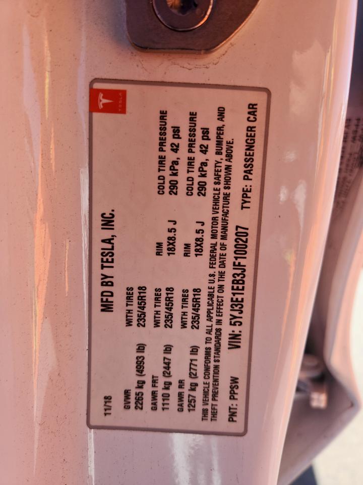 2018 Tesla Model 3 VIN: 5YJ3E1EB3JF100207 Lot: 91443215