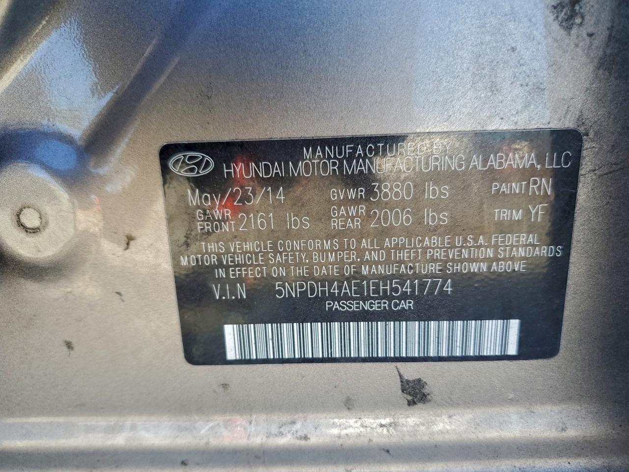 2014 Hyundai Elantra Se VIN: 5NPDH4AE1EH541774 Lot: 94336215