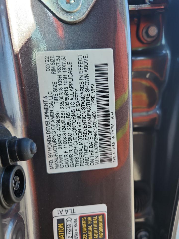 2022 Honda Cr-V Exl VIN: 5J6RW2H88NA006958 Lot: 92704435