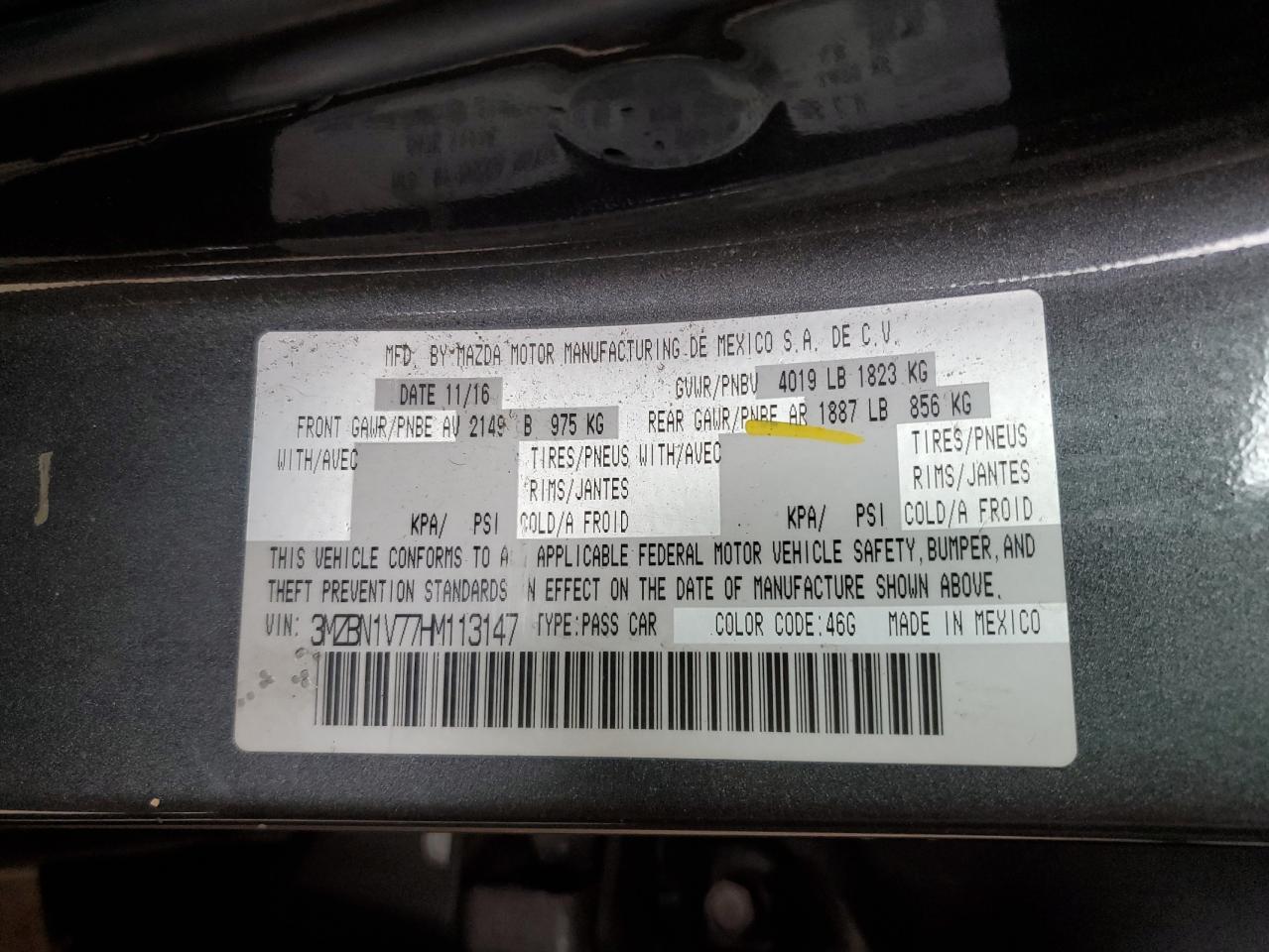 2017 Mazda 3 Touring VIN: 3MZBN1V77HM113147 Lot: 92749735