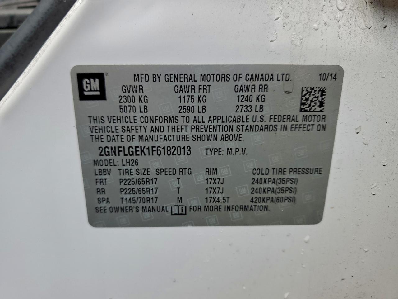 2015 Chevrolet Equinox Lt VIN: 2GNFLGEK1F6182013 Lot: 92575685