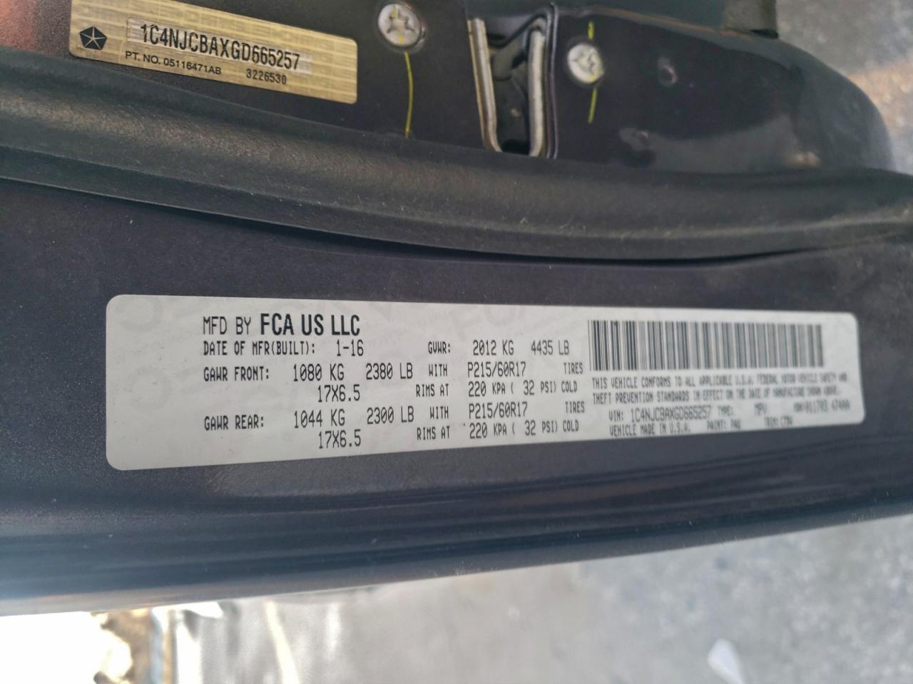 2016 Jeep Compass Sport VIN: 1C4NJCBAXGD665257 Lot: 94439255