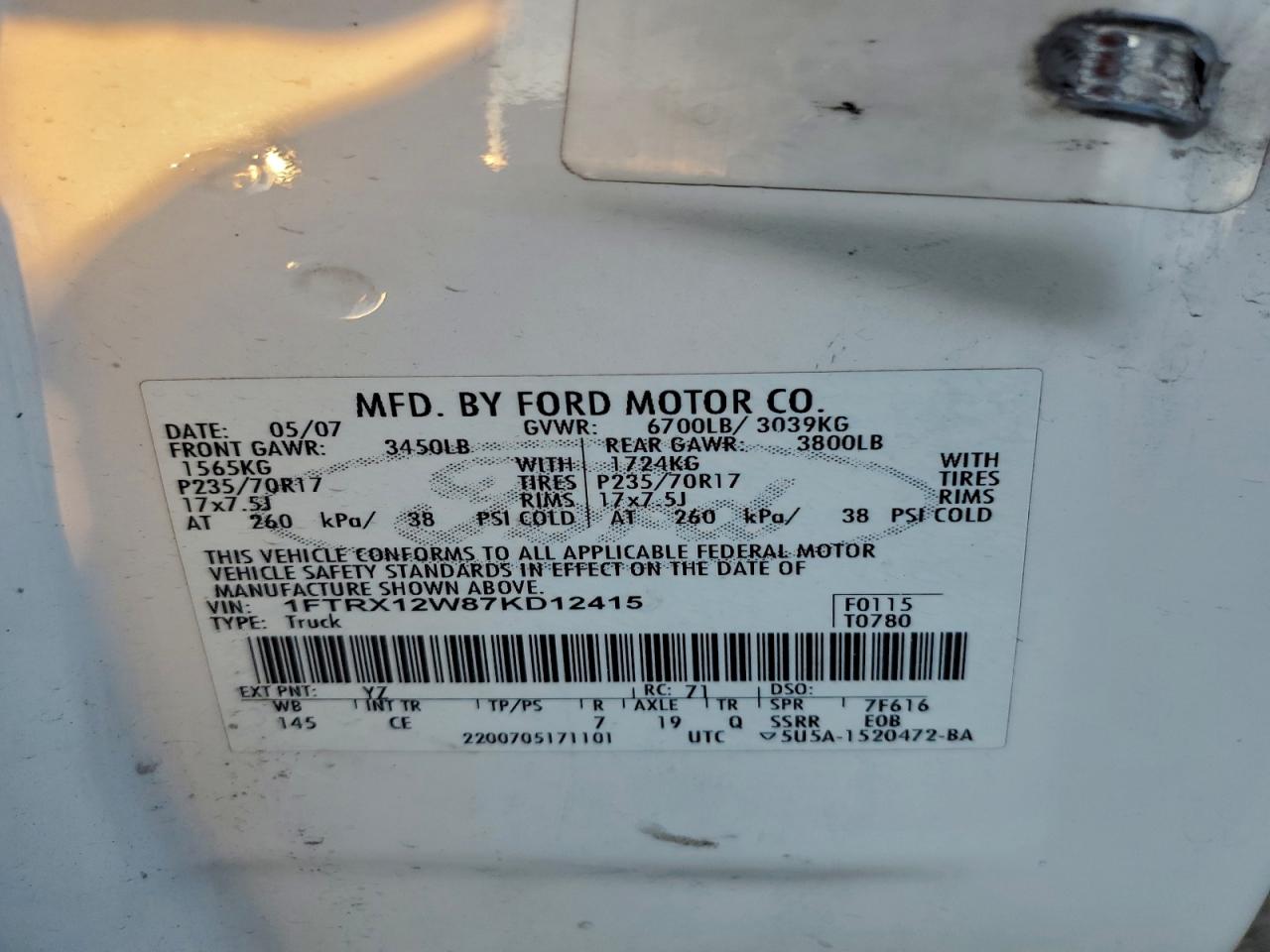 2007 Ford F150 VIN: 1FTRX12W87KD12415 Lot: 94495535