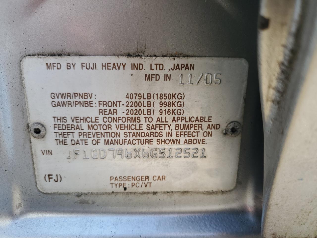 2006 Subaru Impreza Wrx VIN: JF1GD796X6G512521 Lot: 91453965