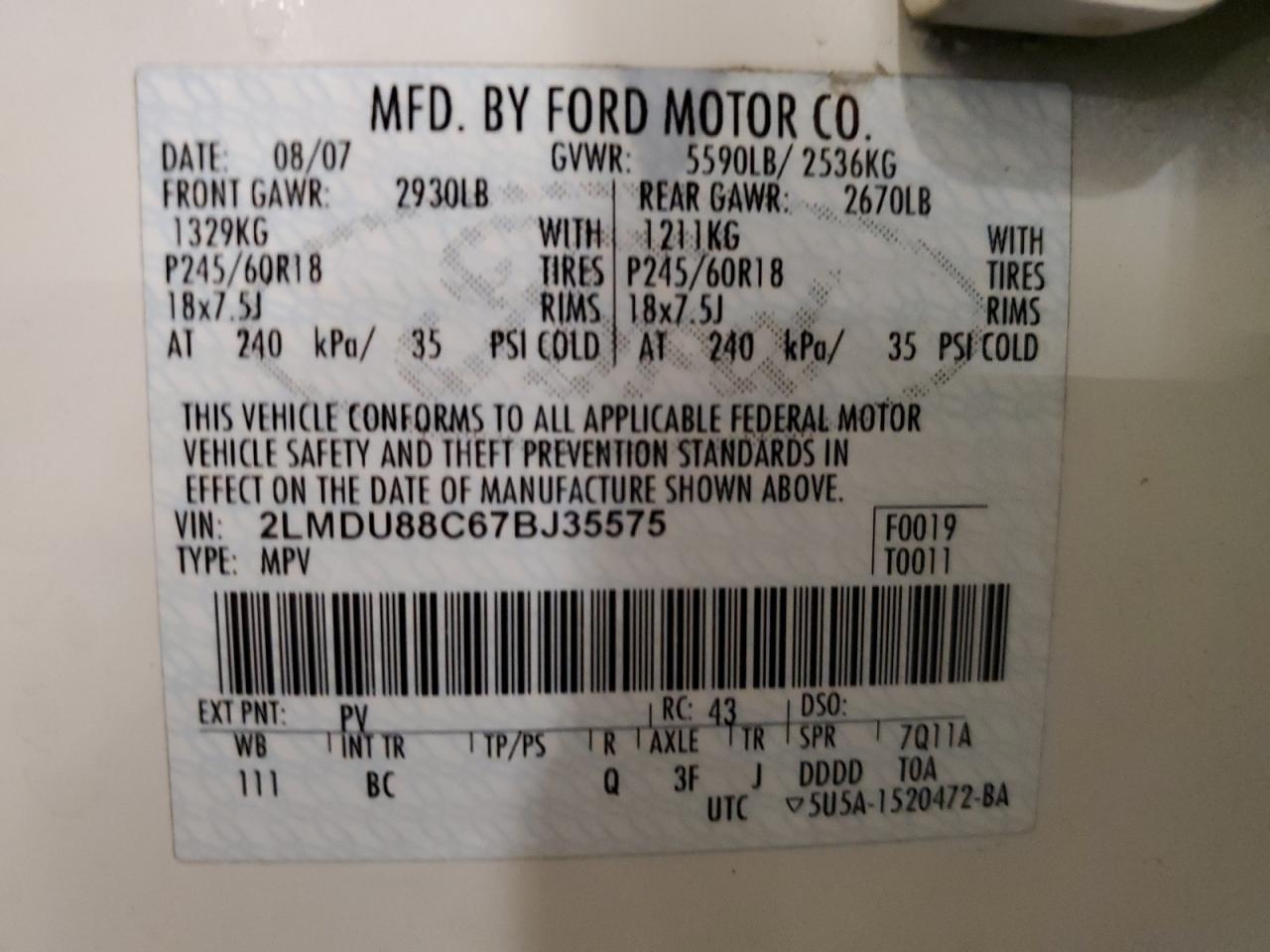 2007 Lincoln Mkx VIN: 2LMDU88C67BJ35575 Lot: 92045405