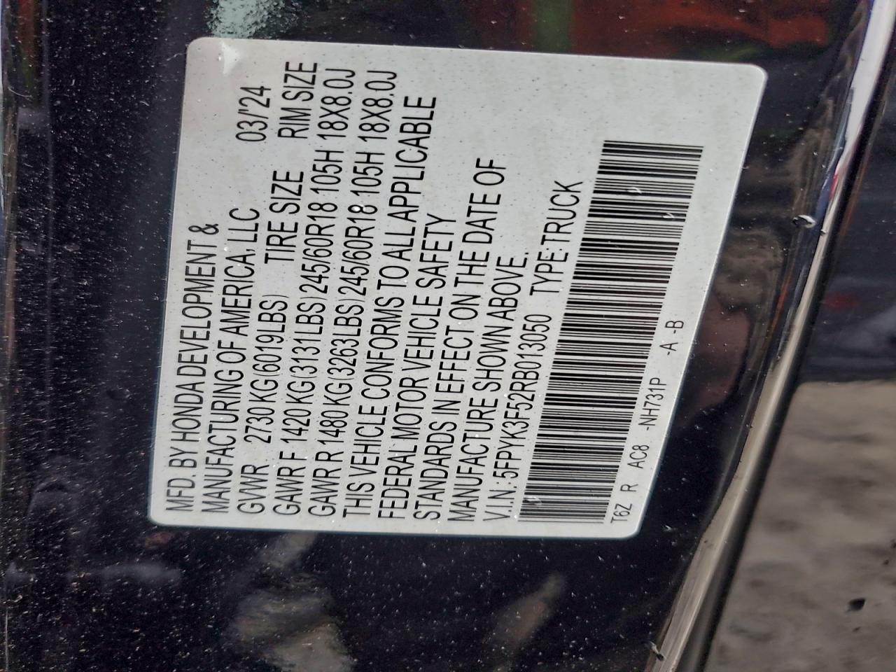 2024 Honda Ridgeline Rtl VIN: 5FPYK3F52RB013050 Lot: 94129465