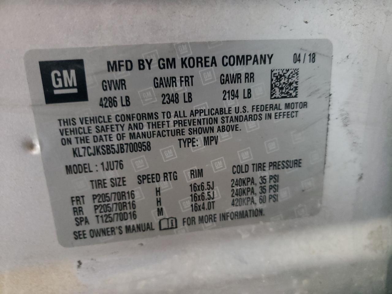 2018 Chevrolet Trax Ls VIN: KL7CJKSB5JB700958 Lot: 93866905