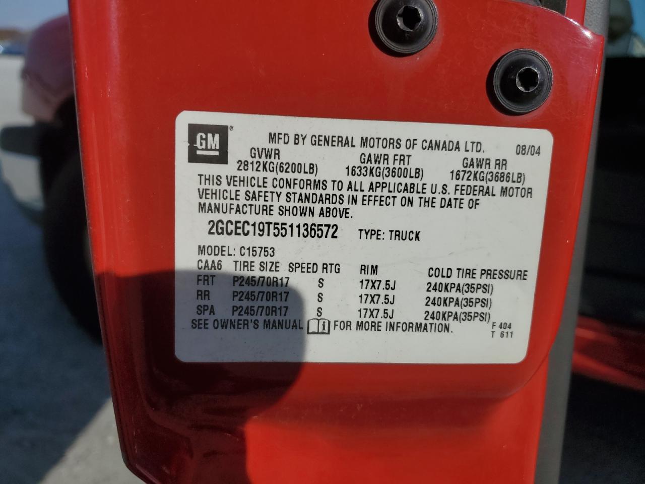 2005 Chevrolet Silverado C1500 VIN: 2GCEC19T551136572 Lot: 93770045