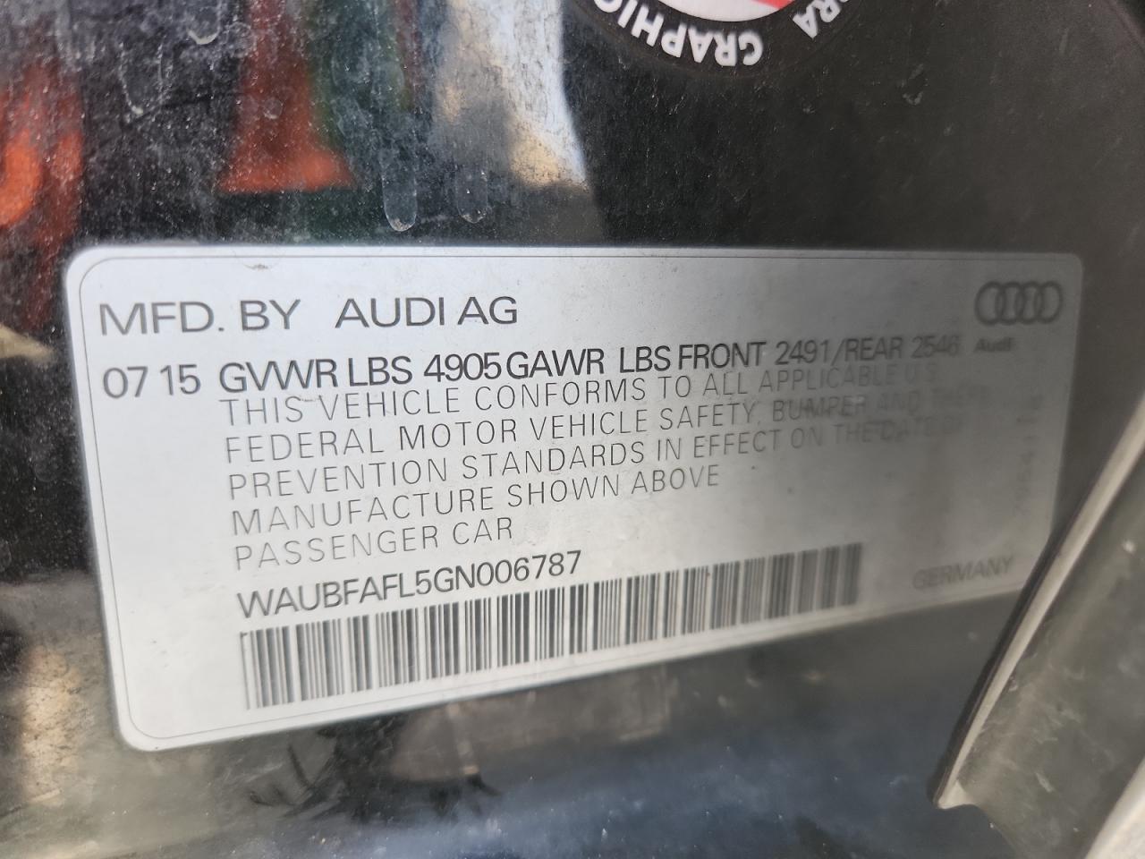 2016 Audi A4 Premium S-Line VIN: WAUBFAFL5GN006787 Lot: 92385155