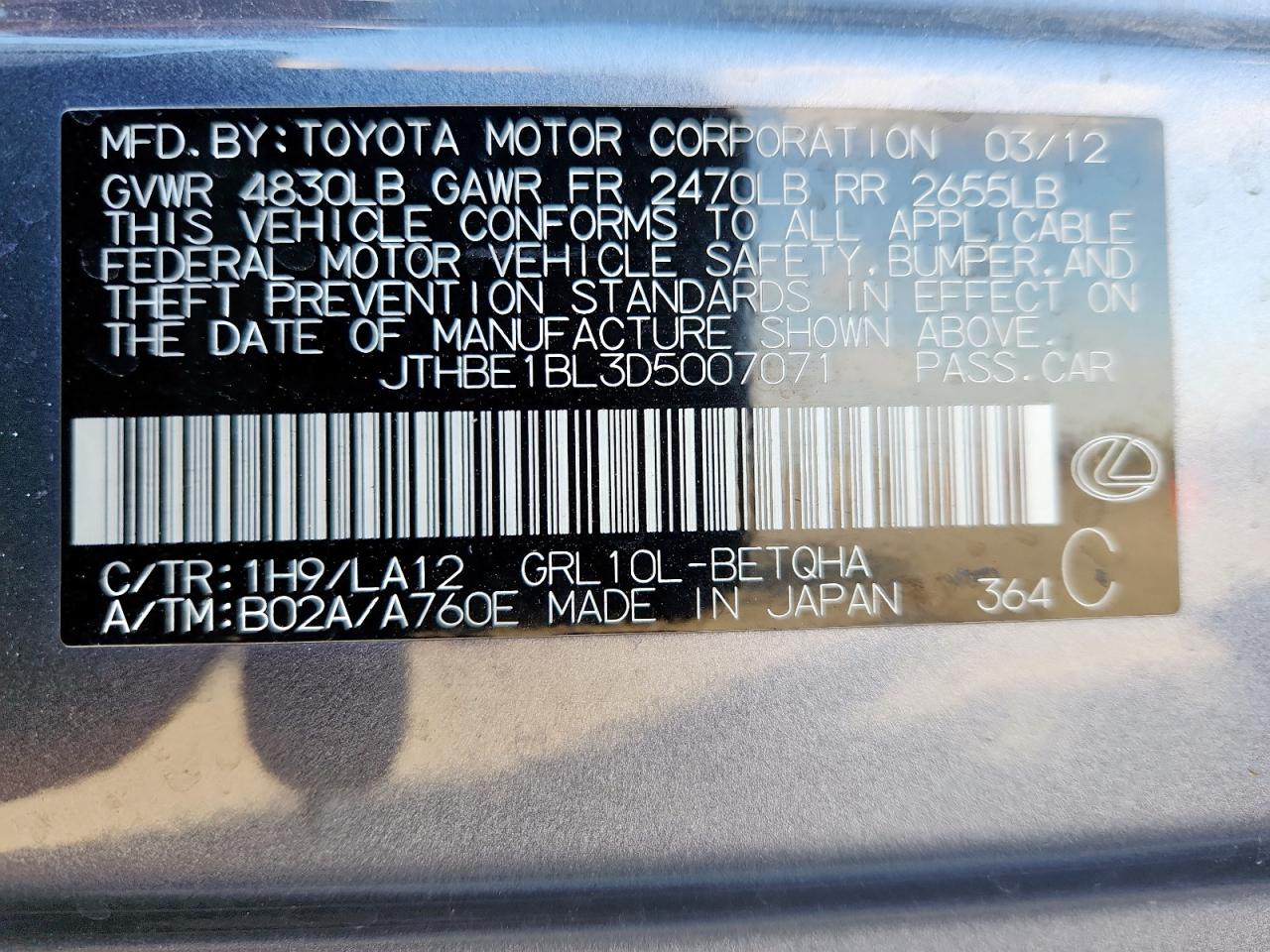 2013 Lexus Gs 350 VIN: JTHBE1BL3D5007071 Lot: 92300055