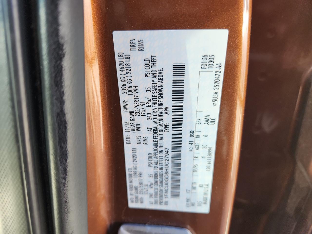 2017 Ford Escape Se VIN: 1FMCU0GD8HUC27947 Lot: 90914615