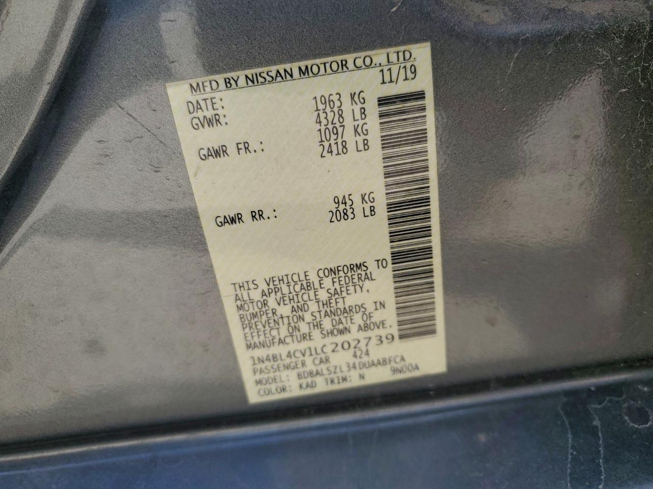 2020 Nissan Altima Sr VIN: 1N4BL4CV1LC202739 Lot: 93834795