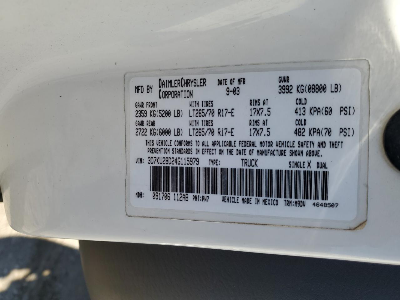 2004 Dodge Ram 2500 St VIN: 3D7KU28D24G115979 Lot: 92635775