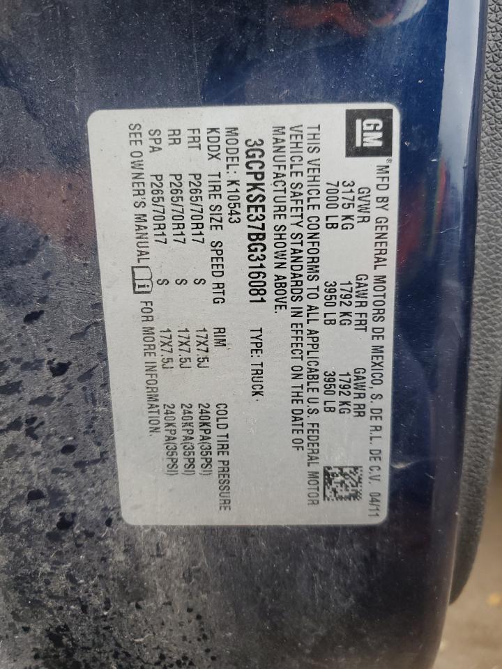 2011 Chevrolet Silverado K1500 Lt VIN: 3GCPKSE37BG316081 Lot: 93298285