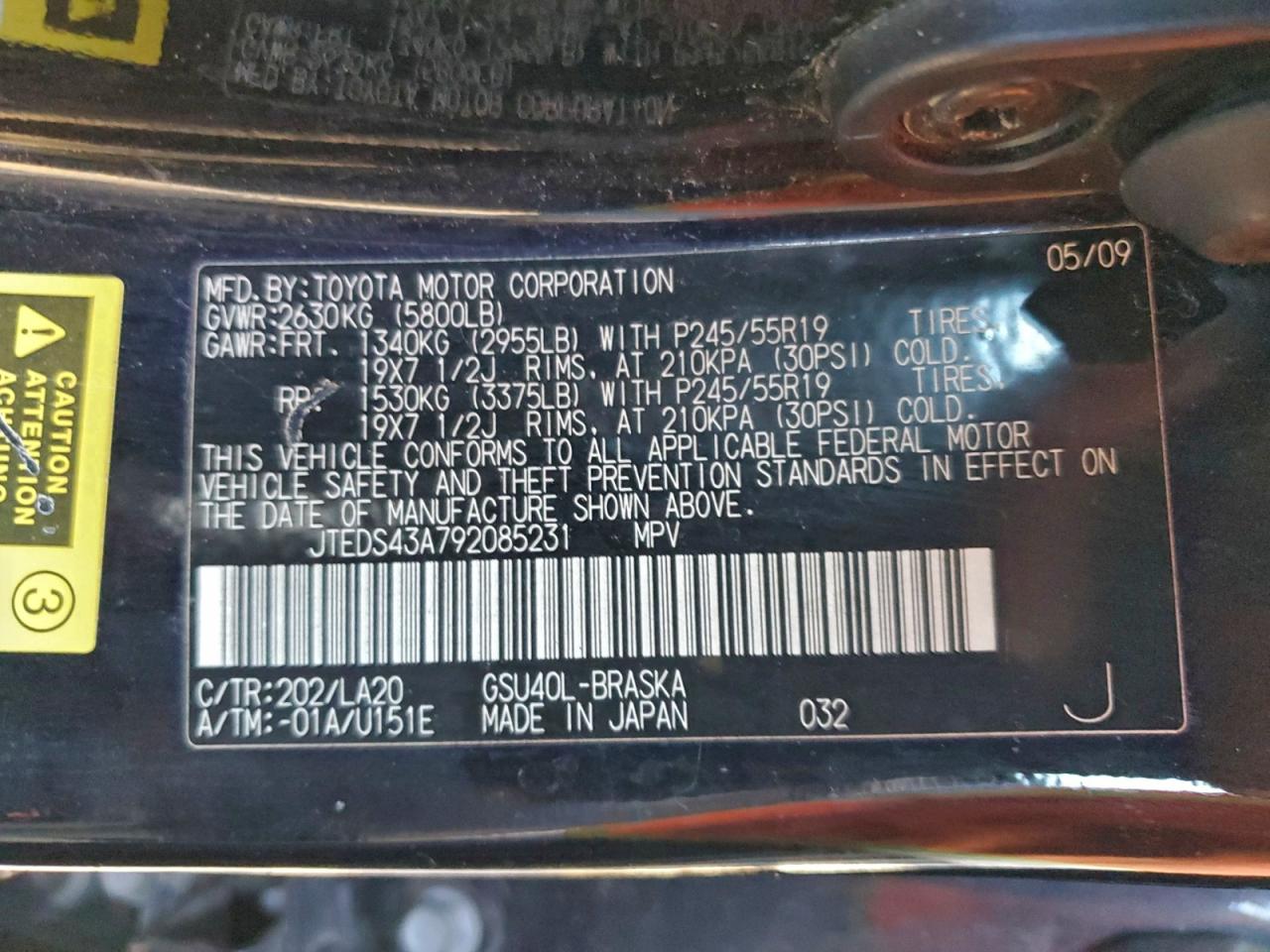 2009 Toyota Highlander Sport VIN: JTEDS43A792085231 Lot: 94276525