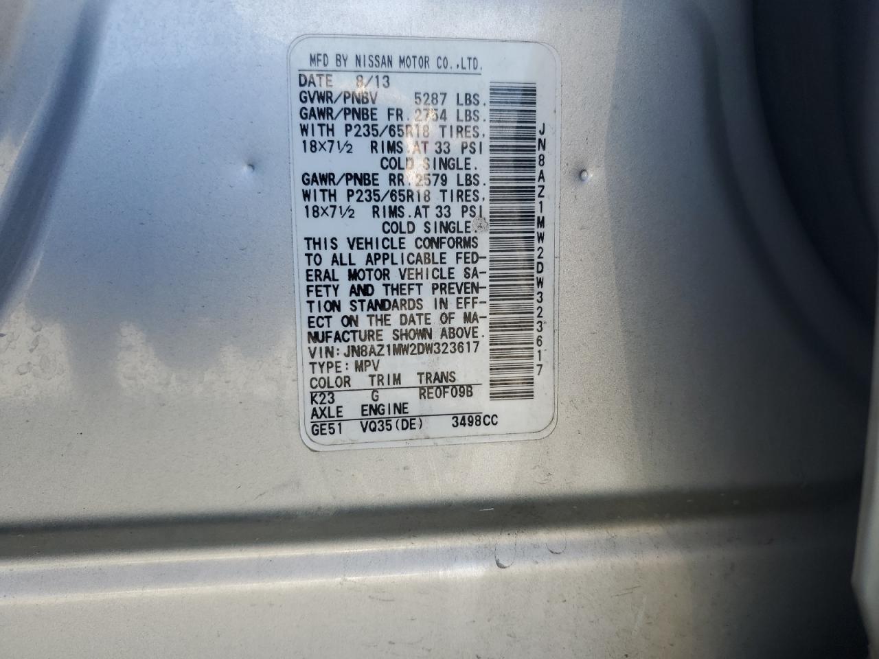 2013 Nissan Murano S VIN: JN8AZ1MW2DW323617 Lot: 91376585