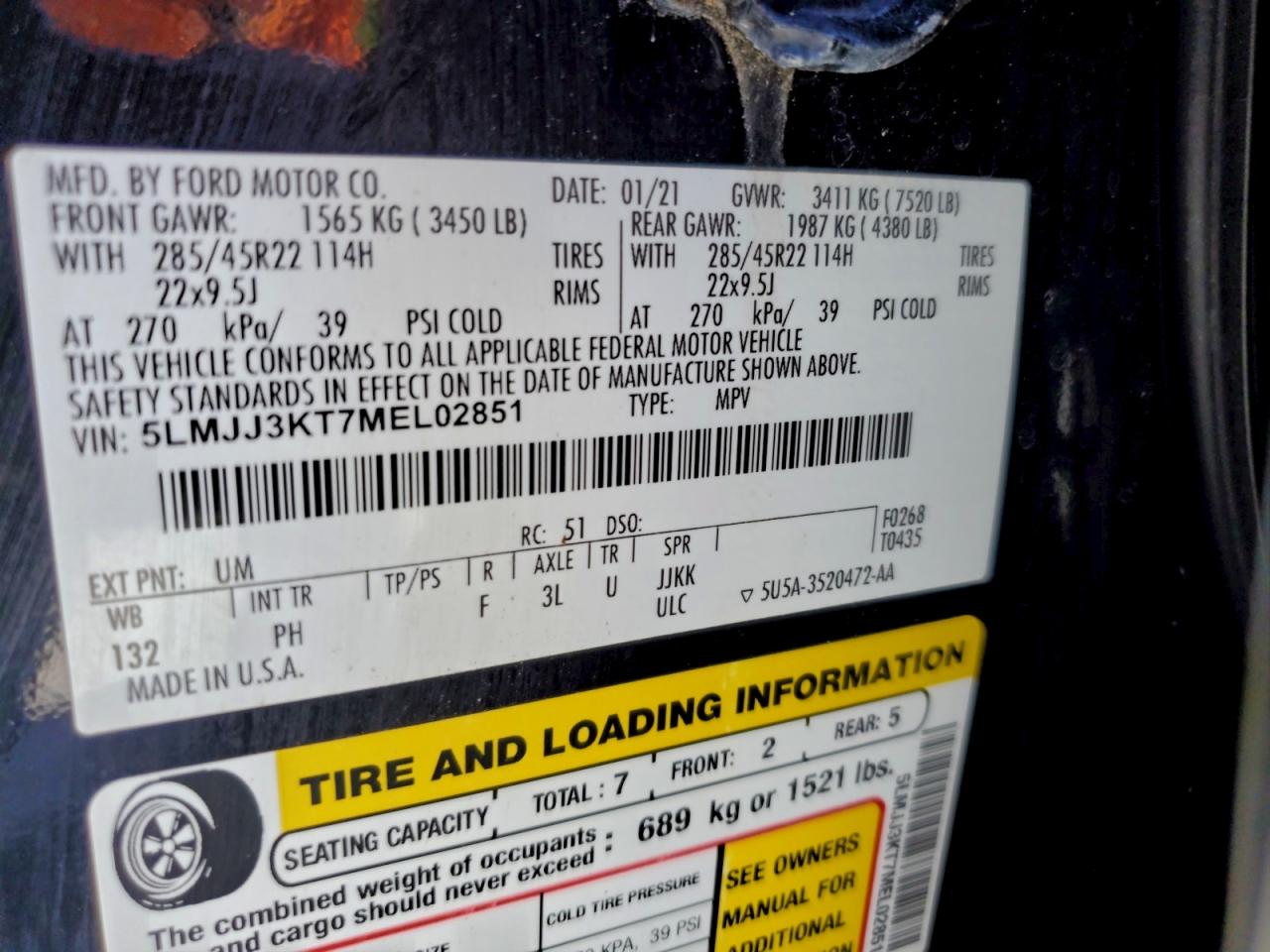 2021 Lincoln Navigator L Reserve VIN: 5LMJJ3KT7MEL02851 Lot: 94116995