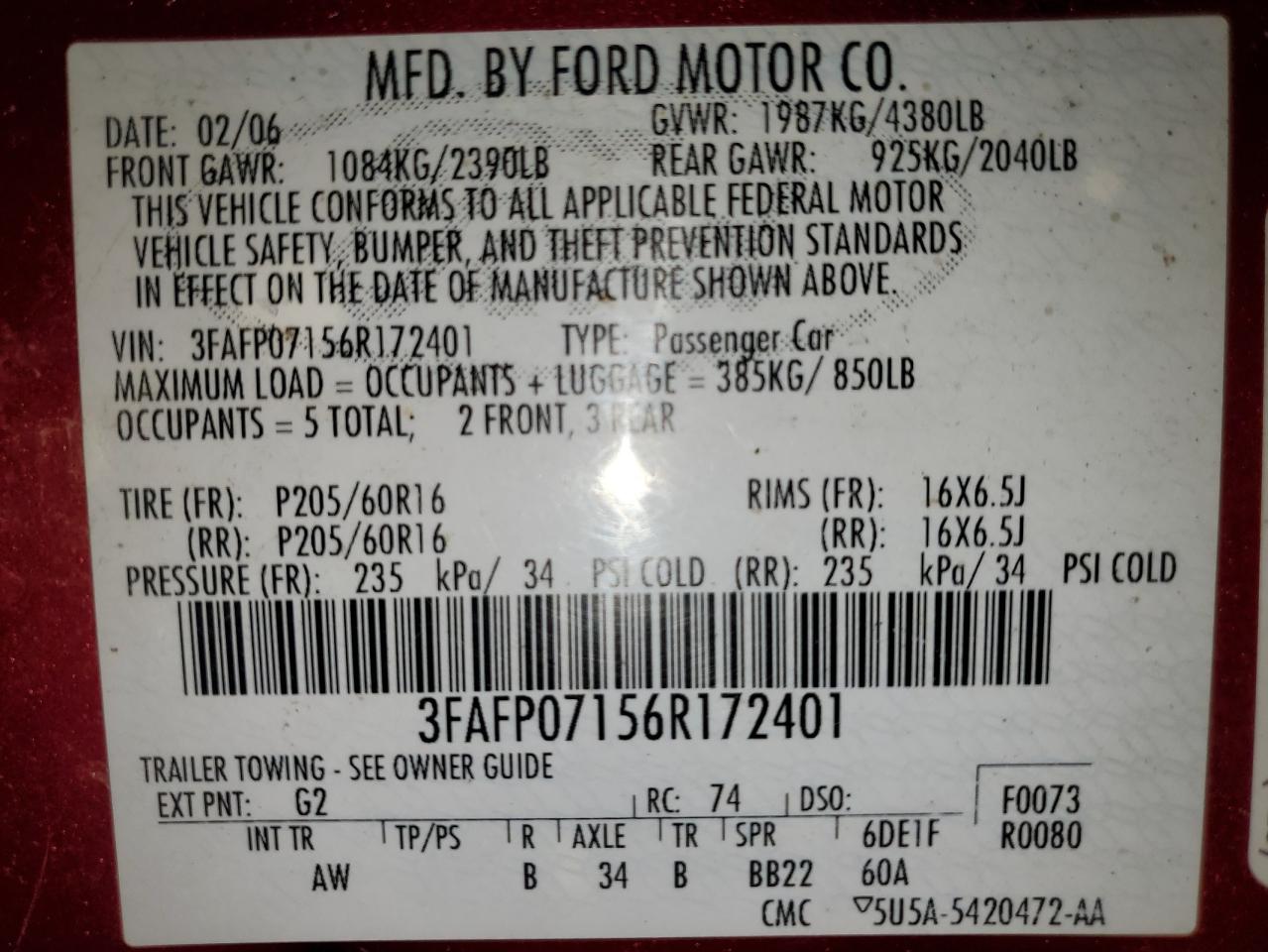 2006 Ford Fusion Se VIN: 3FAFP07156R172401 Lot: 91932375