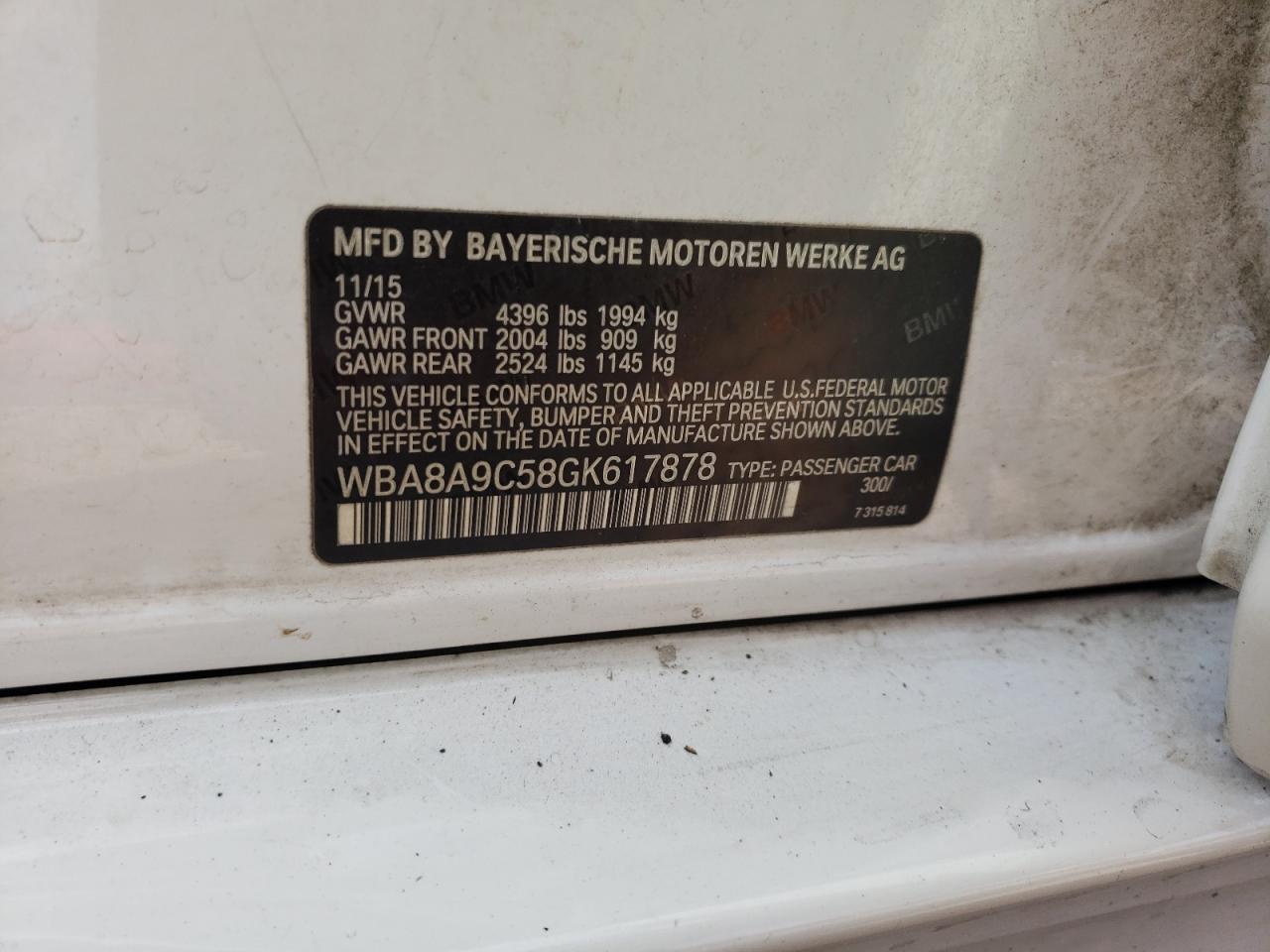 2016 BMW 320 I VIN: WBA8A9C58GK617878 Lot: 93688335