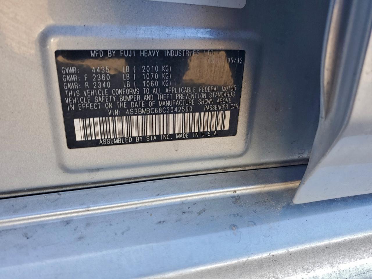 2012 Subaru Legacy 2.5I Premium VIN: 4S3BMBC68C3042590 Lot: 93924125