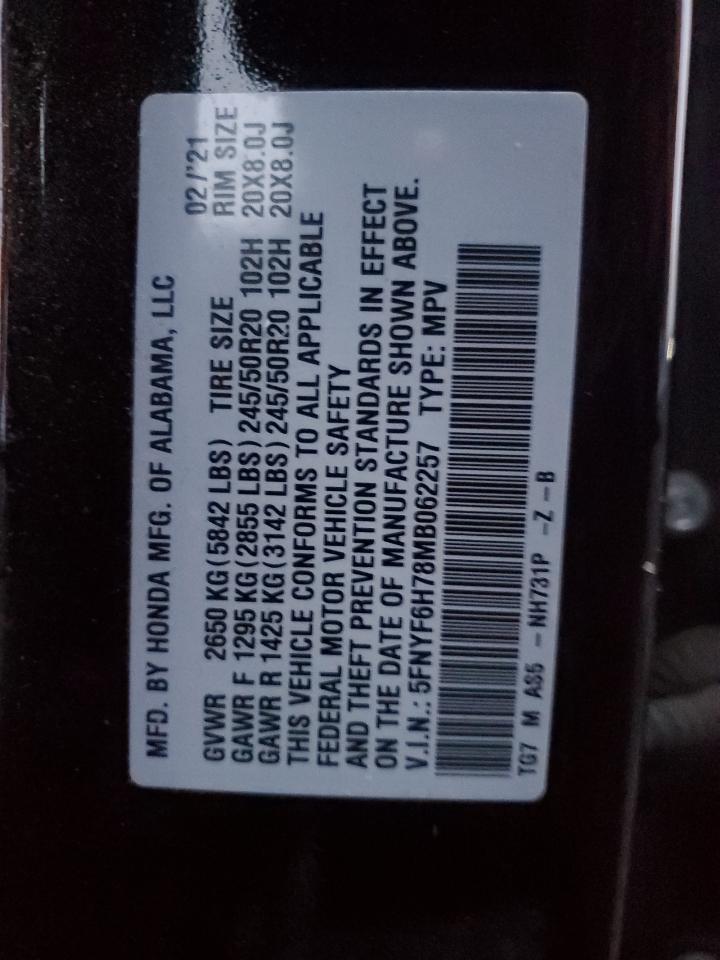 2021 Honda Pilot Black VIN: 5FNYF6H78MB062257 Lot: 93145805