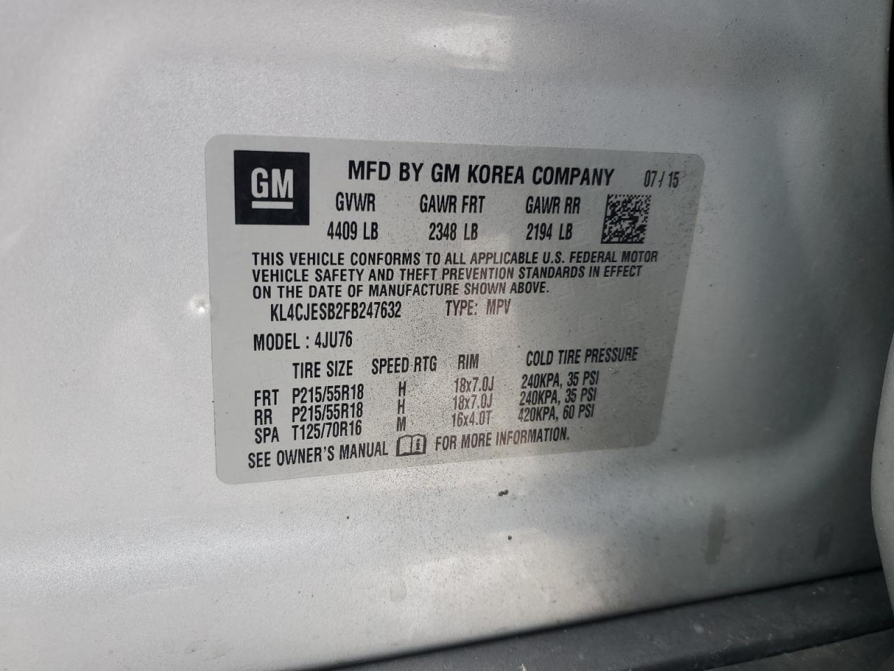 2015 Buick Encore VIN: KL4CJESB2FB247632 Lot: 92533385