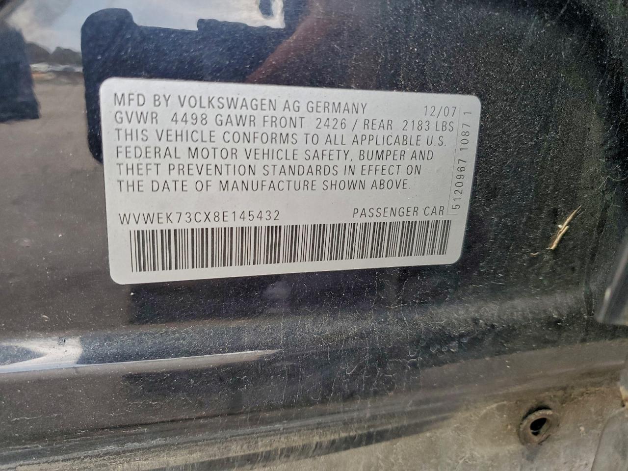 2008 Volkswagen Passat Lux VIN: WVWEK73CX8E145432 Lot: 94223585