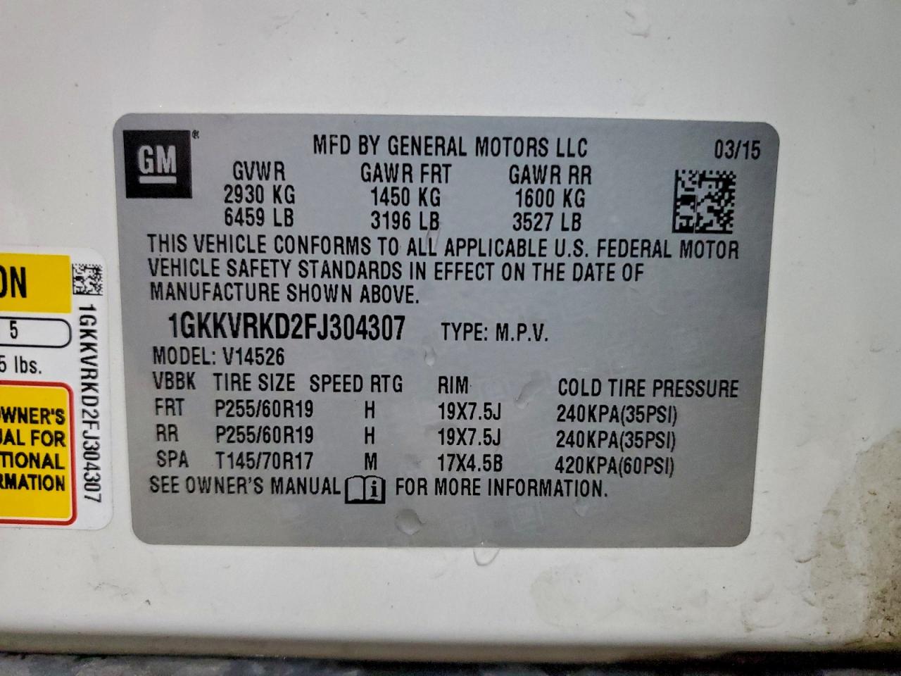 2015 GMC Acadia Slt-1 VIN: 1GKKVRKD2FJ304307 Lot: 93188055