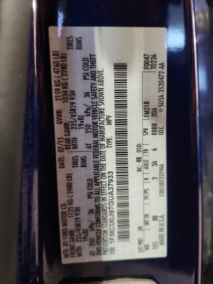 2016 Ford Escape Titanium VIN: 1FMCU0J97GUA37933 Lot: 92607005