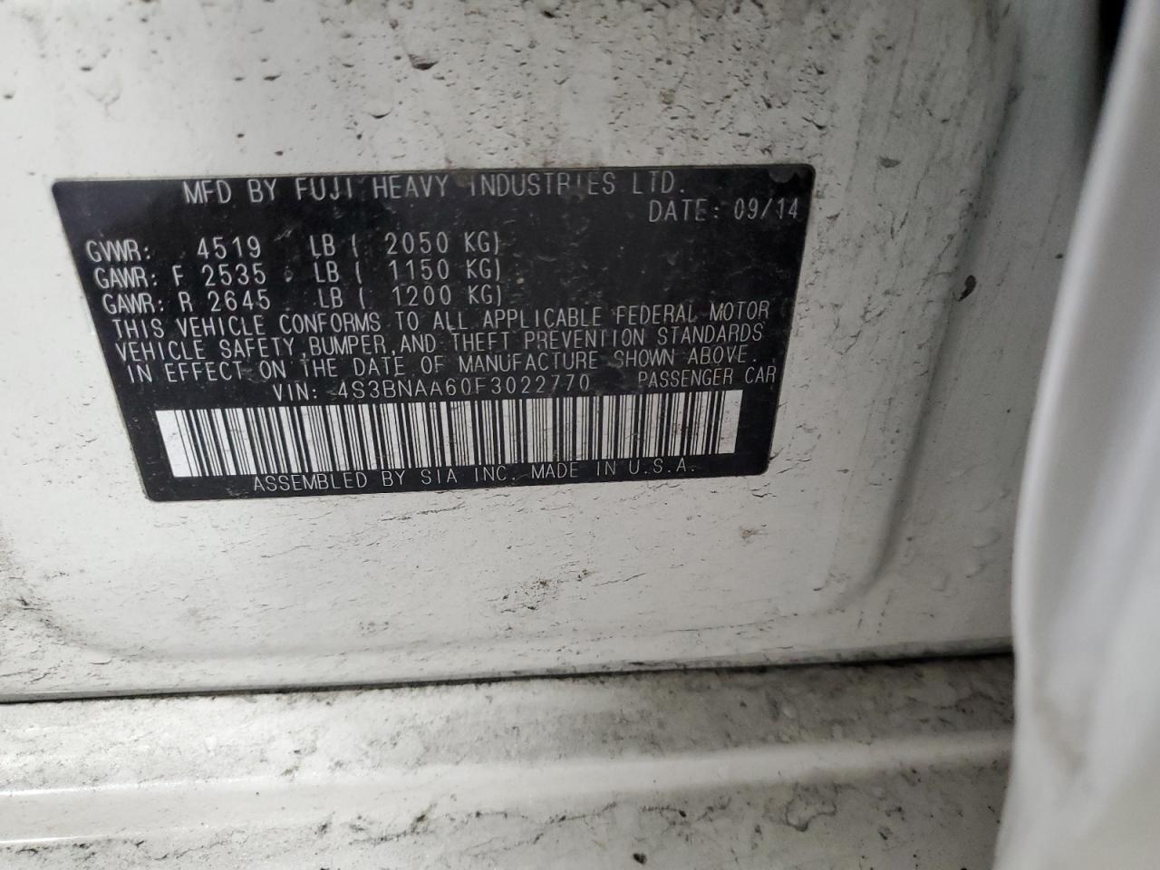 2015 Subaru Legacy 2.5I VIN: 4S3BNAA60F3022770 Lot: 92399535