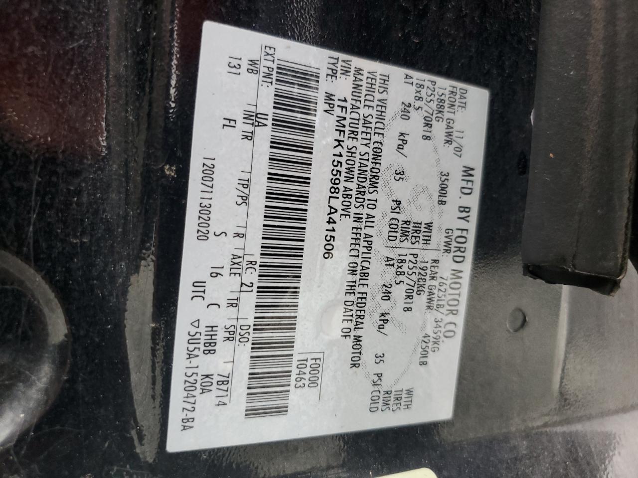 2008 Ford Expedition El Xlt VIN: 1FMFK15598LA41506 Lot: 93077585