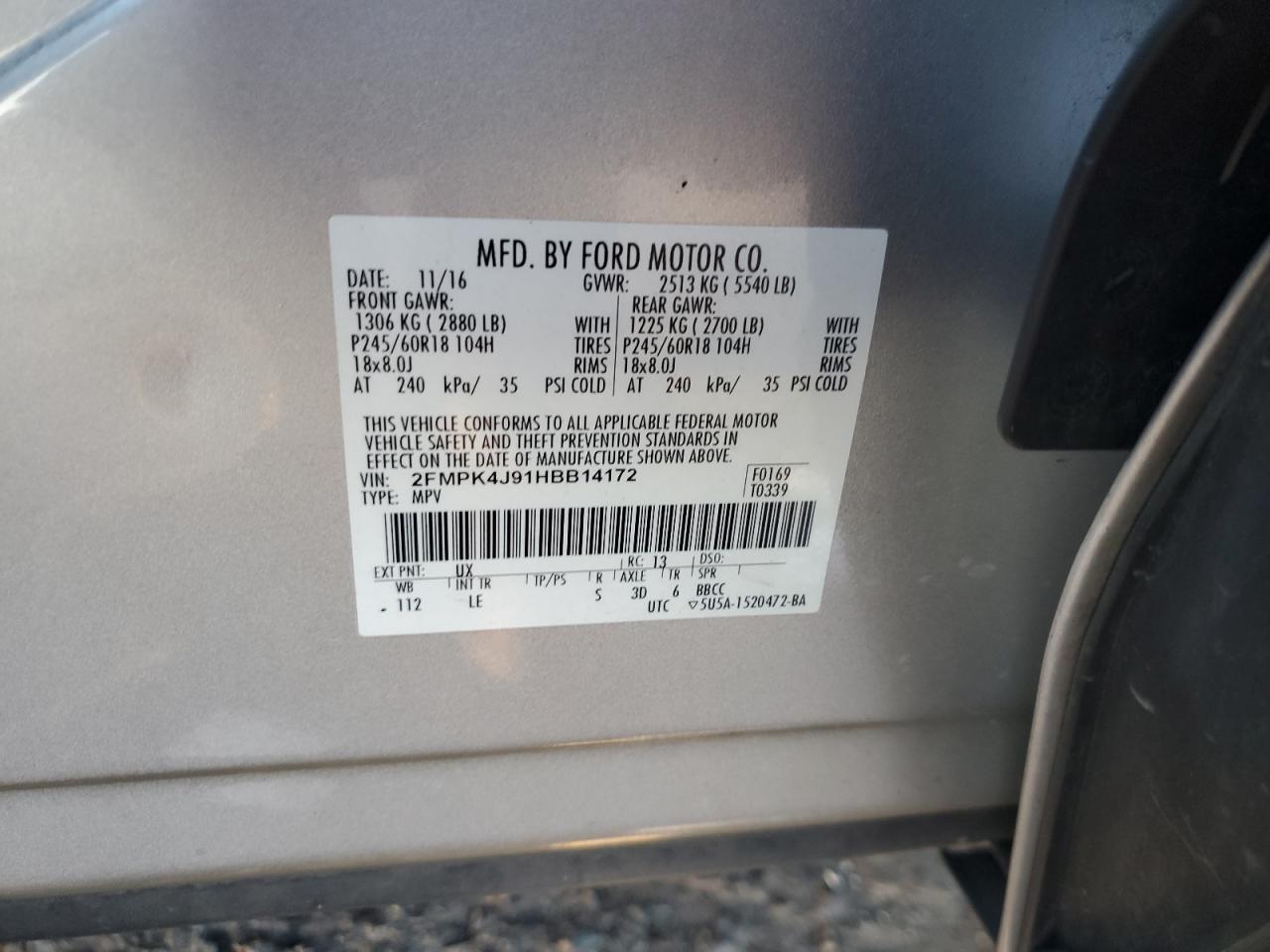 2017 Ford Edge Sel VIN: 2FMPK4J91HBB14172 Lot: 91415475