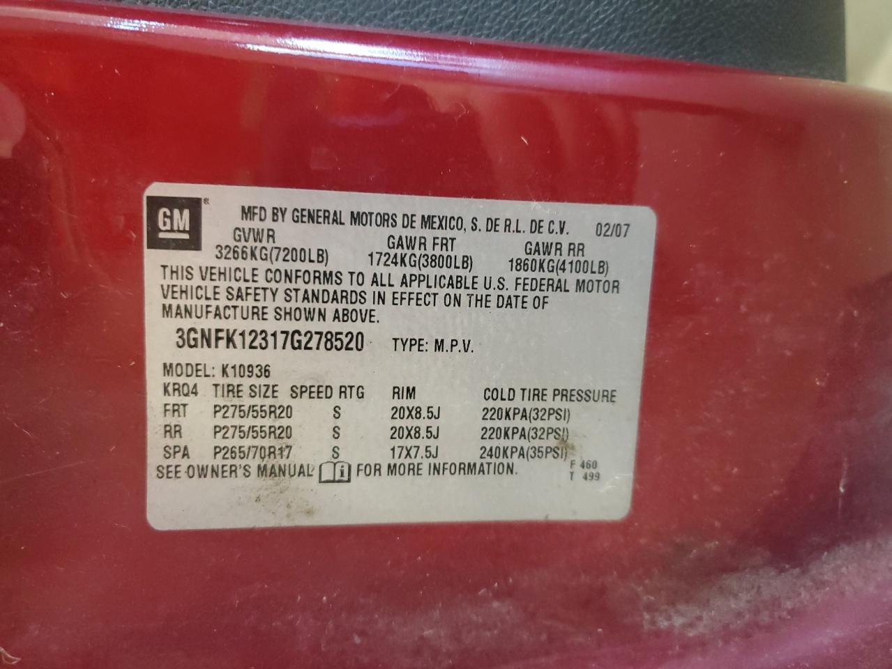 2007 Chevrolet Avalanche K1500 VIN: 3GNFK12317G278520 Lot: 92791415