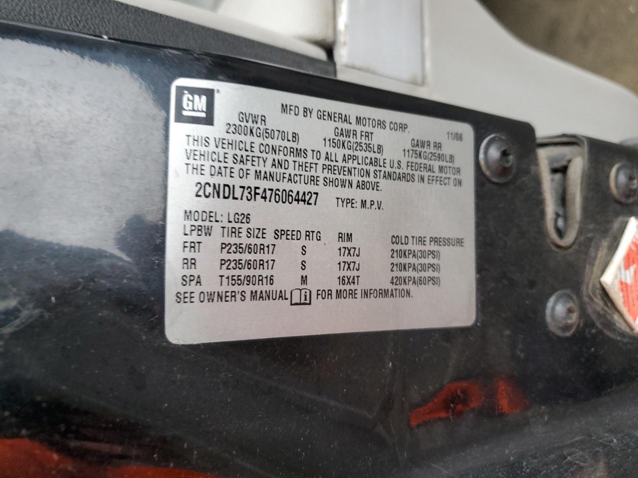 2007 Chevrolet Equinox Lt VIN: 2CNDL73F476064427 Lot: 93432985